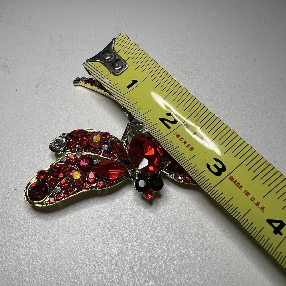 Vtg Gold Tone Metal Large Red Rhinestone‎ Dragonfly Brooch Pin Pendant Statement